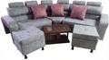 SALA DE SILLON CON COGINES Y 2 SILLONES INDIVIDUALES CON 2 BUTACOS Y CENTRO DE MESA EN VIDRIO, GRIS ROSA