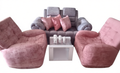 SALA DE SILLON CON COGINES Y 2 SILLONES INDIVIDUALES CON BUTACO Y CENTRO DE MESA EN VIDRIO, MORADO ROSA BLANCO