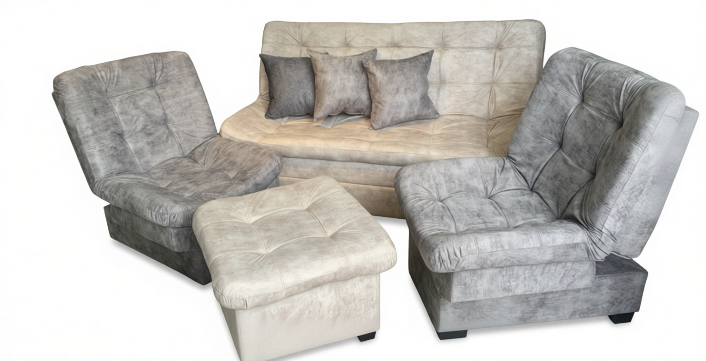 SALA DE SILLON CON COGINES Y 2 SILLONES INDIVIDUALES CON BUTACO, BEIGE GRIS