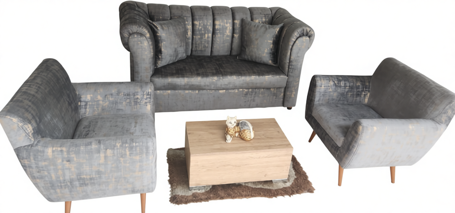 SALA DE SILLON CON COGINES Y 2 SILLONES INDIVIDUALES CON CENTRO DE MESA, GRIS